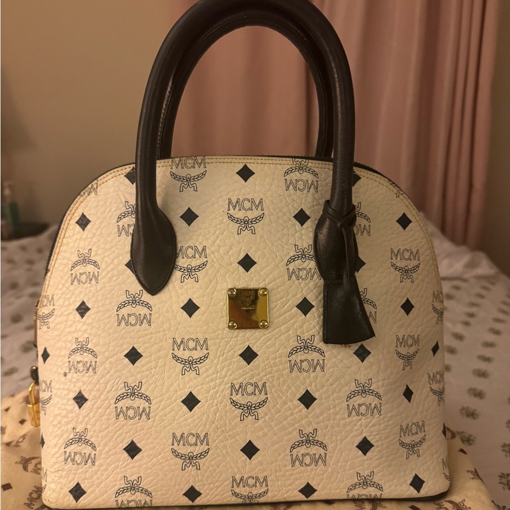 MCM white with Gold Zipper Accent
